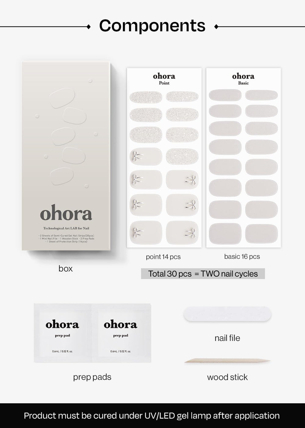 ohora N Eternal Shine includes prep pads, file, and wooden stick for setup