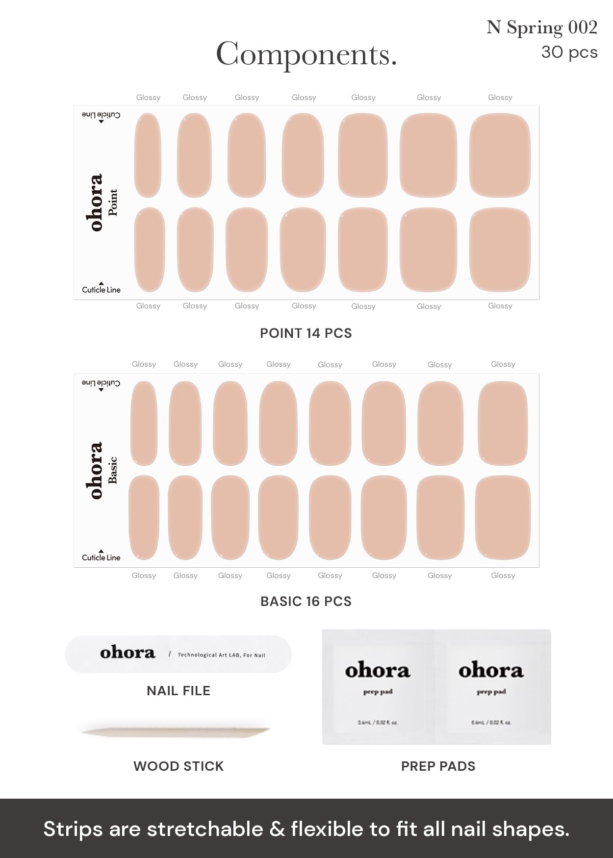 Ohora N Bare Peach contents including prep pads, file, and wooden stick.