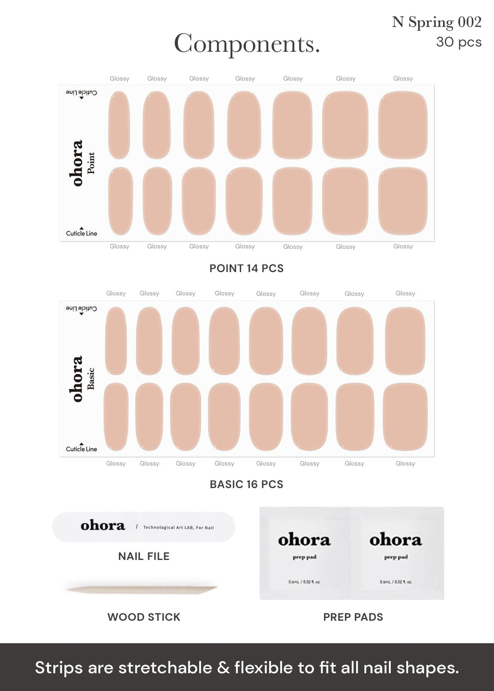 Ohora N Bare Peach contents including prep pads, file, and wooden stick.