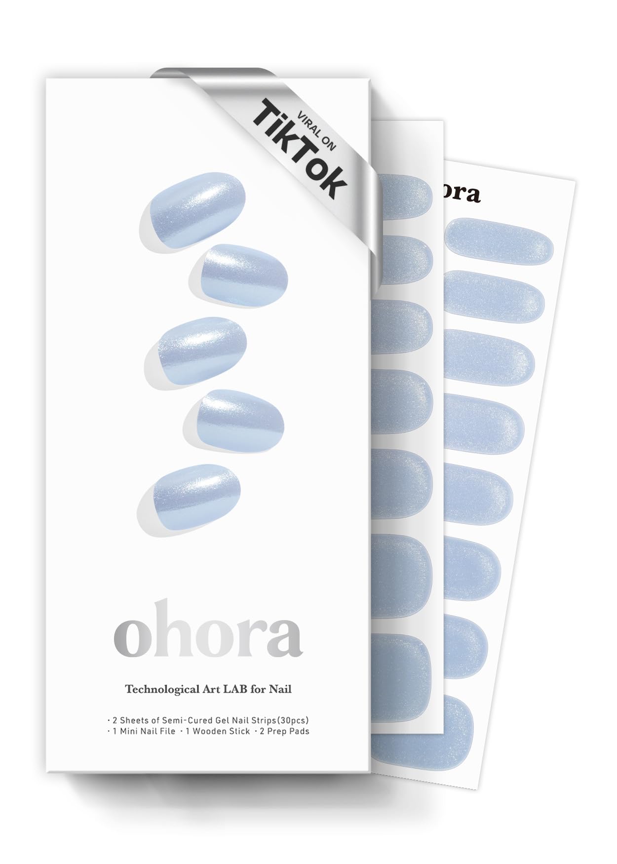 Ohora semi-cured gel nail strips in light blue chrome provide a striking, long-lasting look.