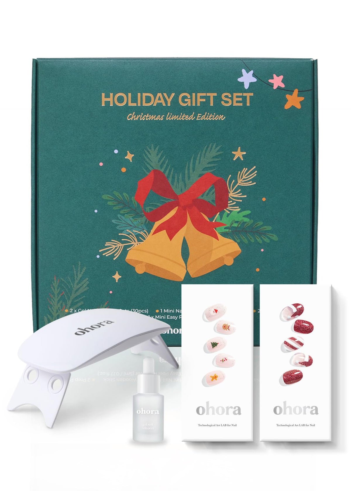 ohora semi cured gel nail strips set with Jolly Jingles design for salon-style nails at home.