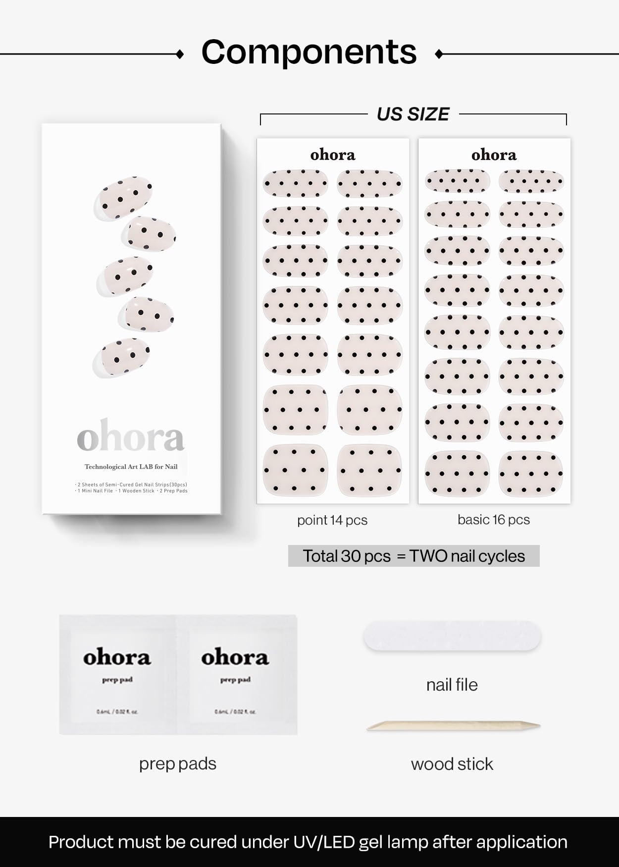 Ohora N Polka Noir gel top layer delivers a glossy, durable finish.
