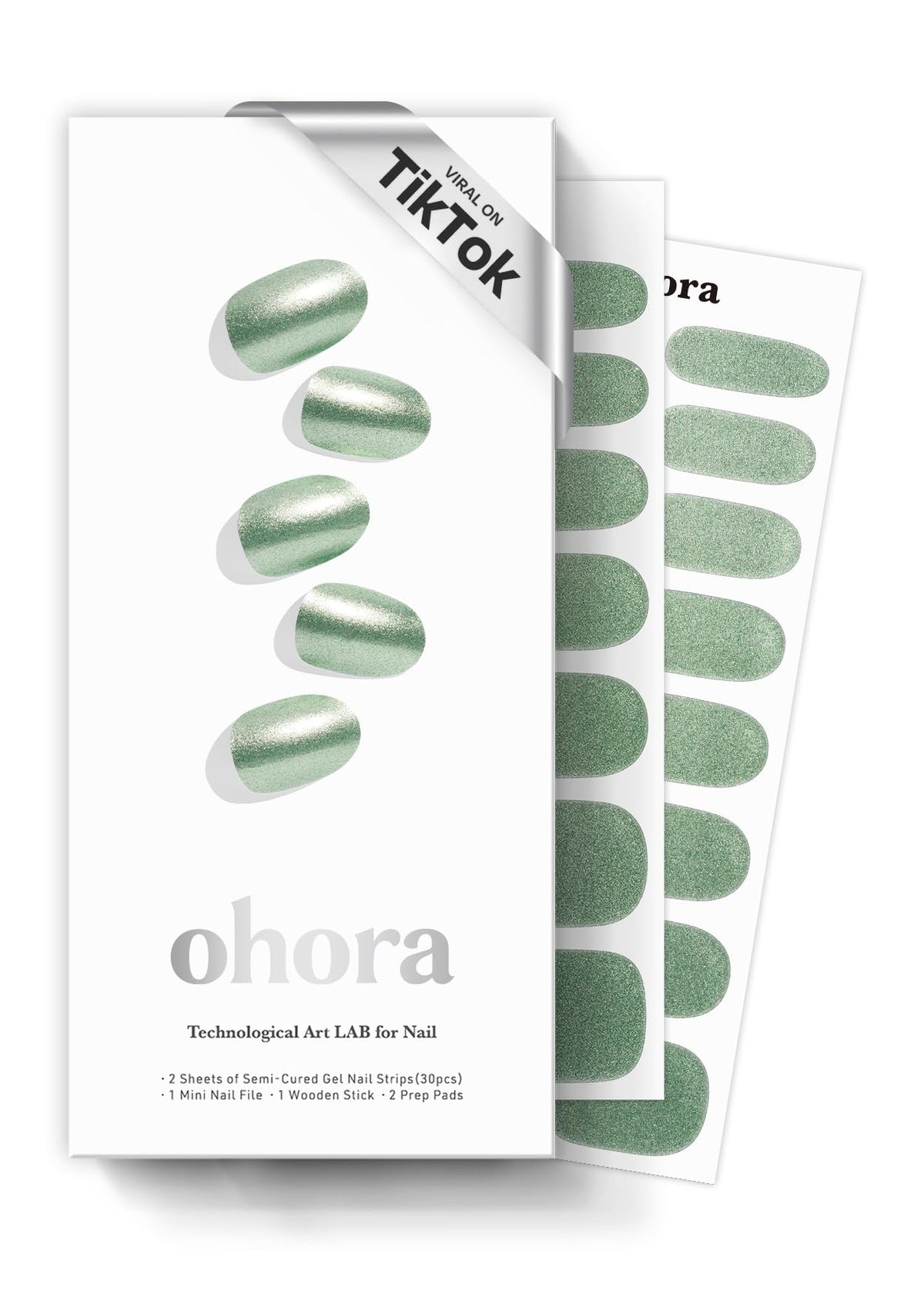 ohora Semi Cured Gel Nail Strips N Matcha Chrome box set for at-home salon results.