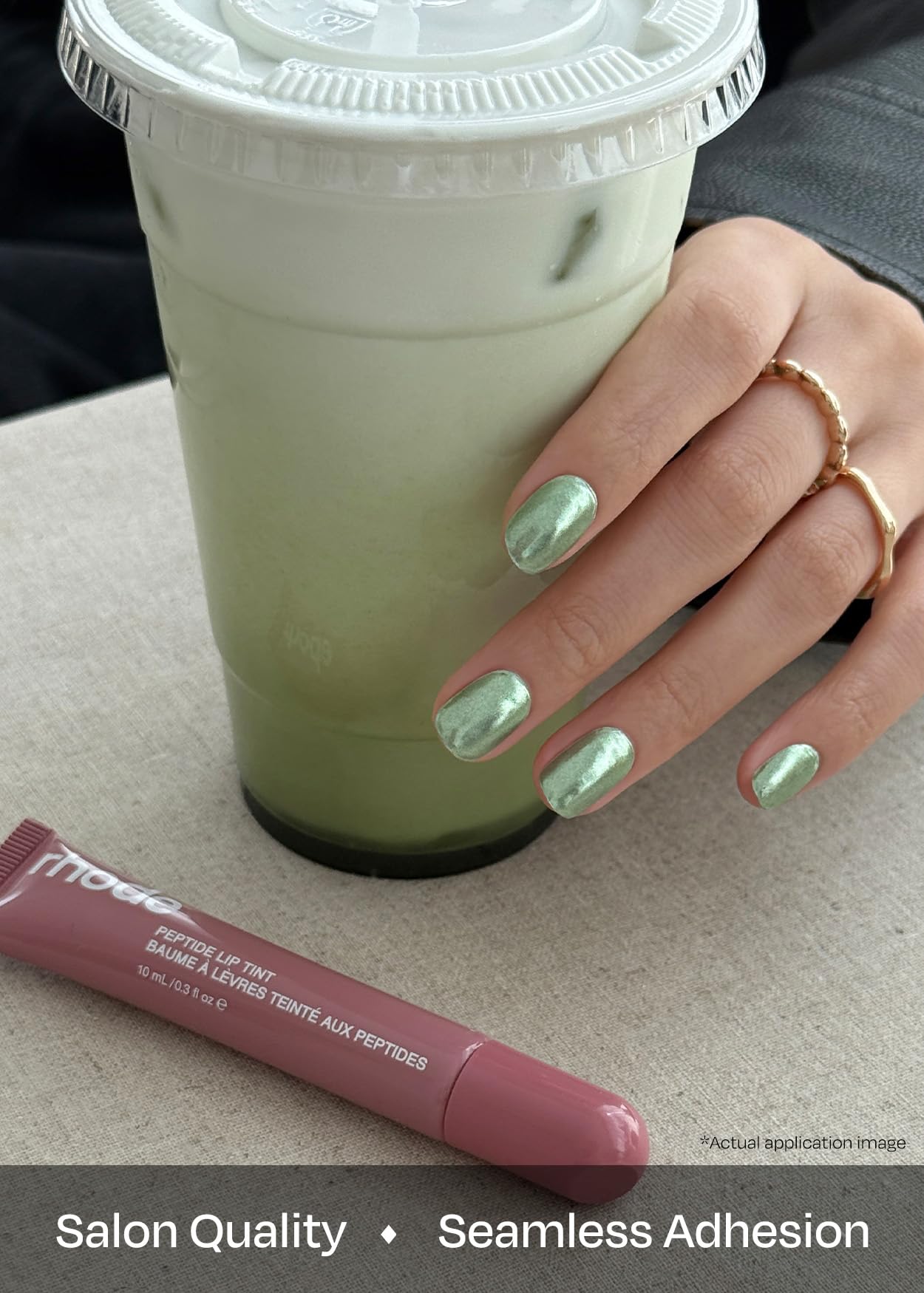 ohora Semi Cured Gel Nail Strips N Matcha Chrome cured under LED lamp for durable shine.
