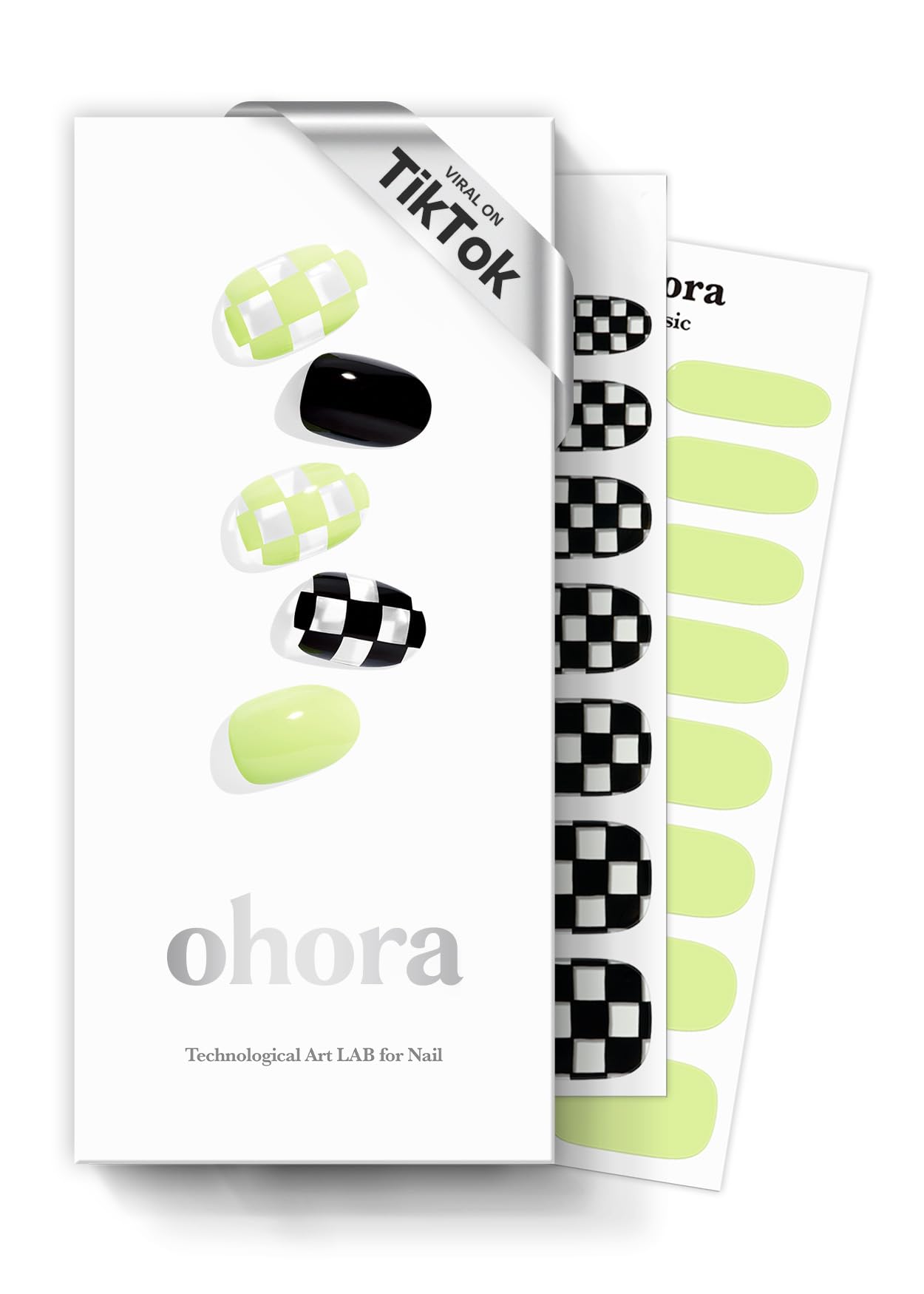 Ohora semi-cured nail strips N Racer in green pattern with a glossy finish.