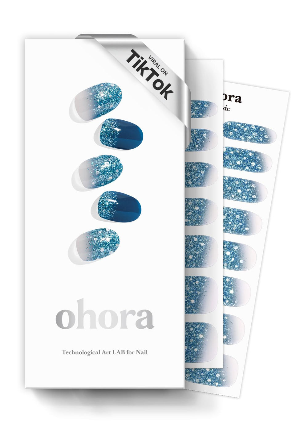 ohora Waterbomb blue glitter wraps for salon-quality nails at home.