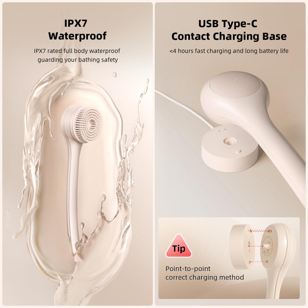 OhXiyu electric body brush highlighting 2000 mAh battery life for long use