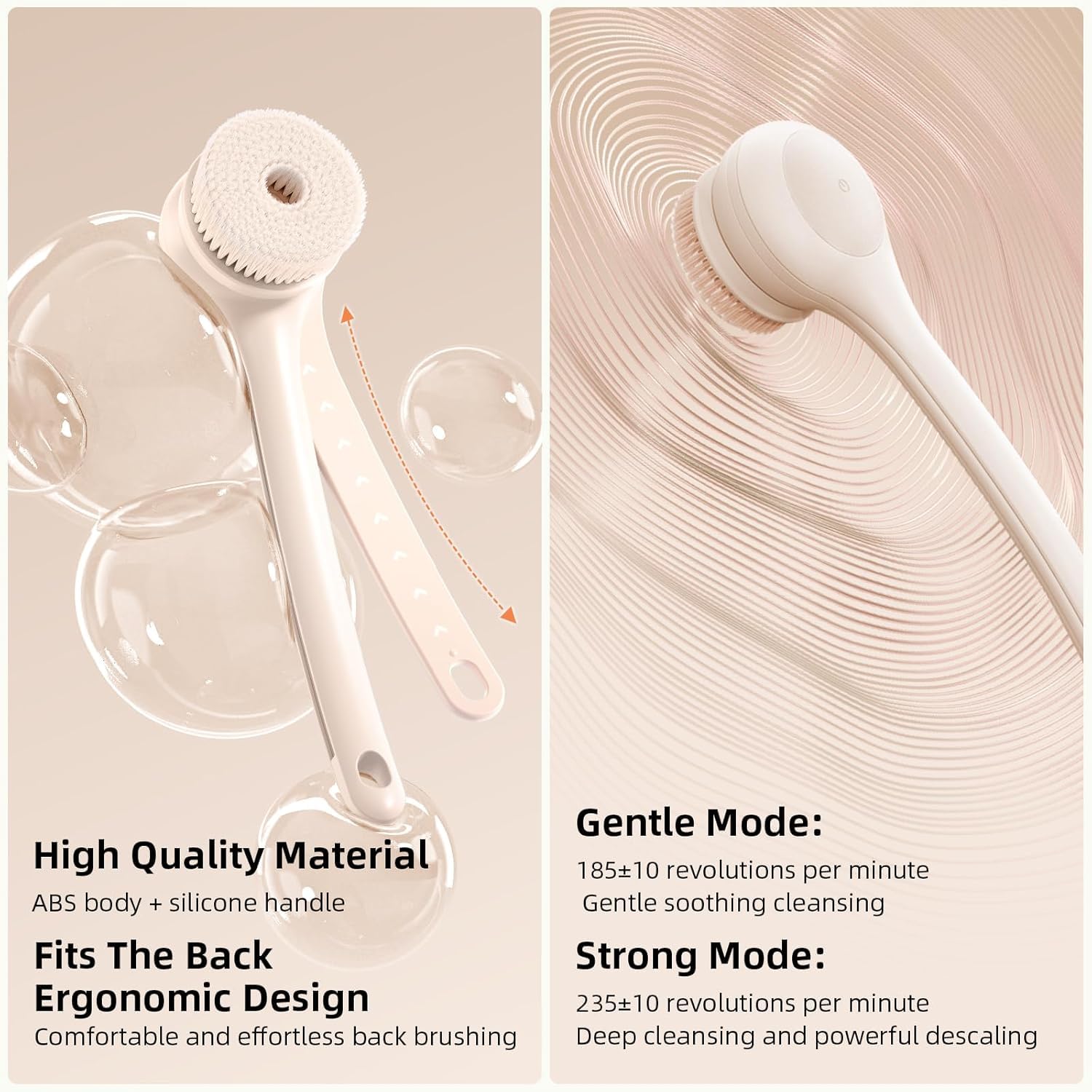 OhXiyu electric body brush with long-bristle head for deep cleansing