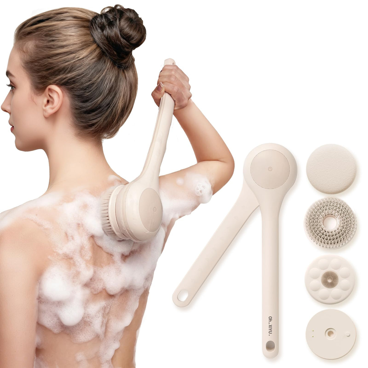 OhXiyu electric body brush showing the back-scrubber with dual handle for easy full-body cleansing