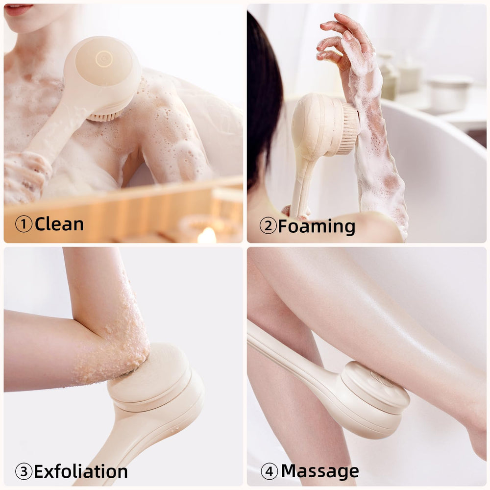 OhXiyu electric body brush with bendable secondary handle reaching the back