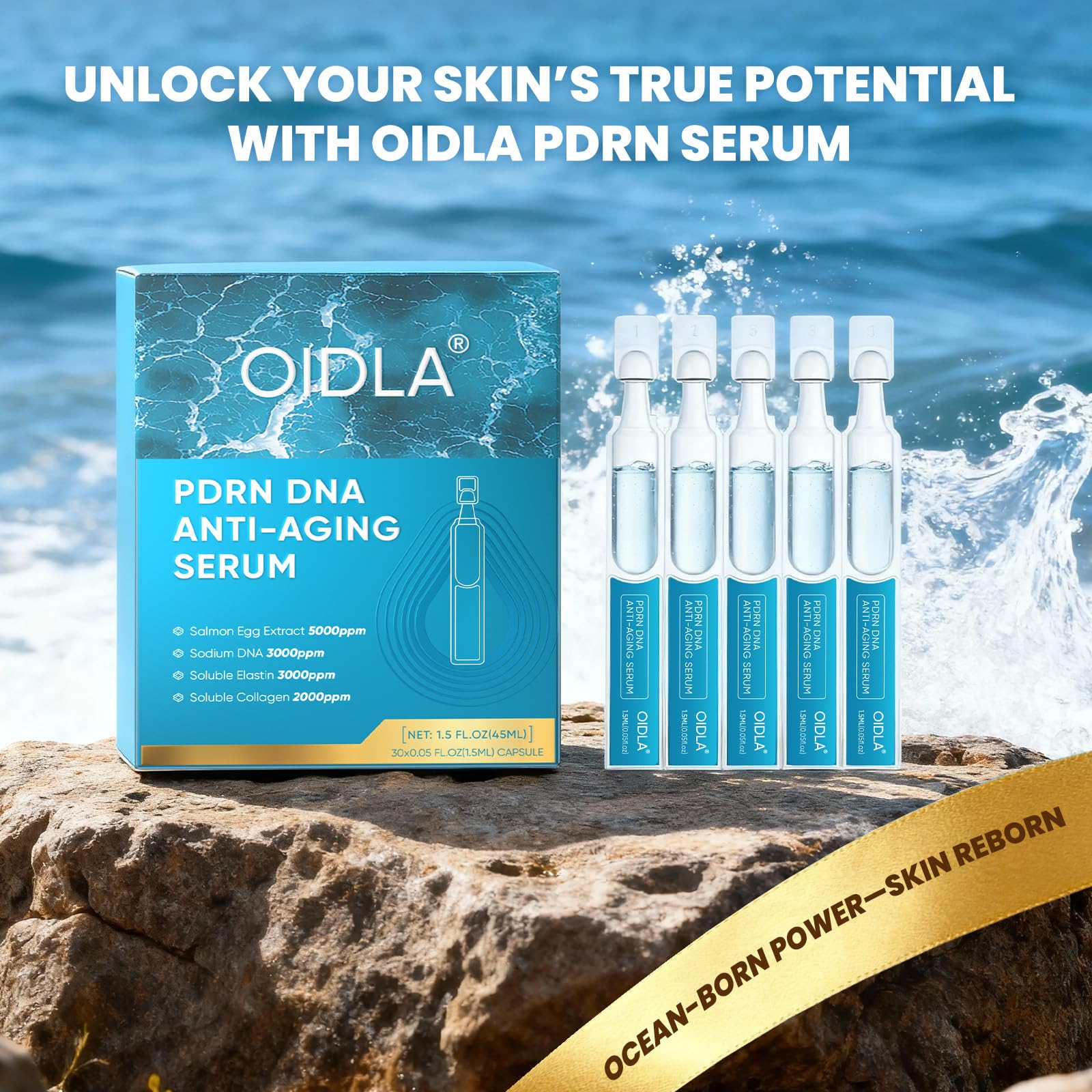 OIDLA Salmon DNA Serum highlights high-potency PDRN for skin renewal potential.
