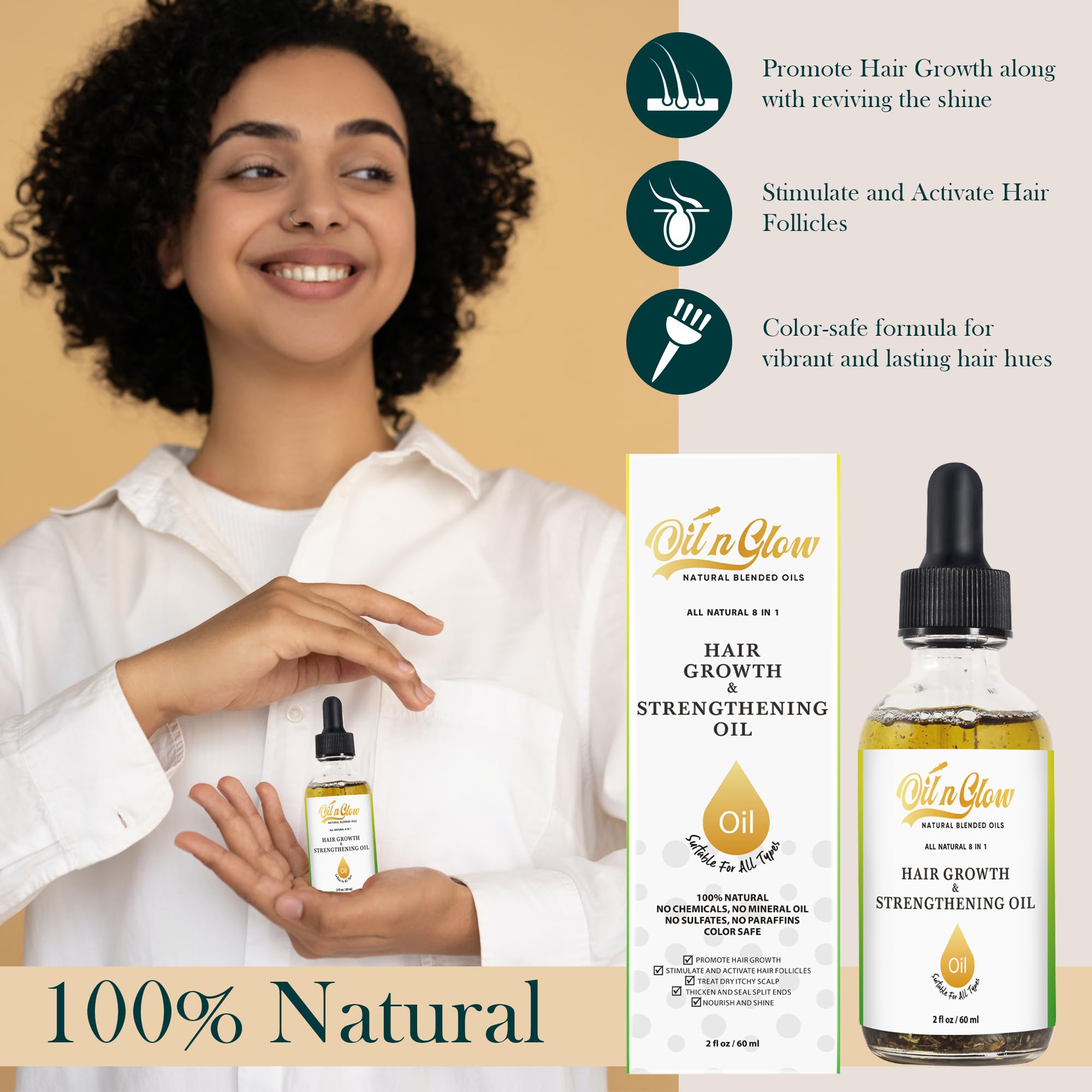 OilnGlow hair shine close-up shows glossy strands.