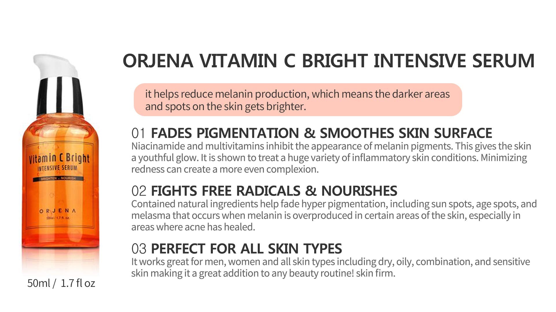Orjena Vitamin C Serum packaging label emphasizes quality and consistency