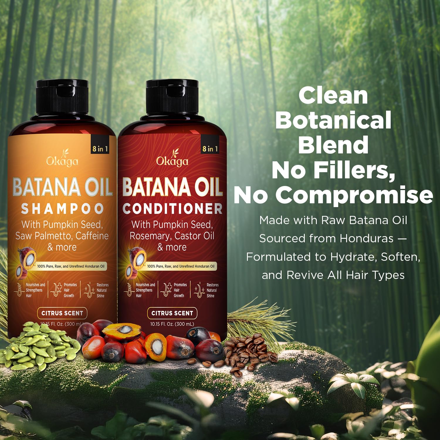 Okaga Batana Oil Conditioner bottle showcases hydrating care for dry strands.