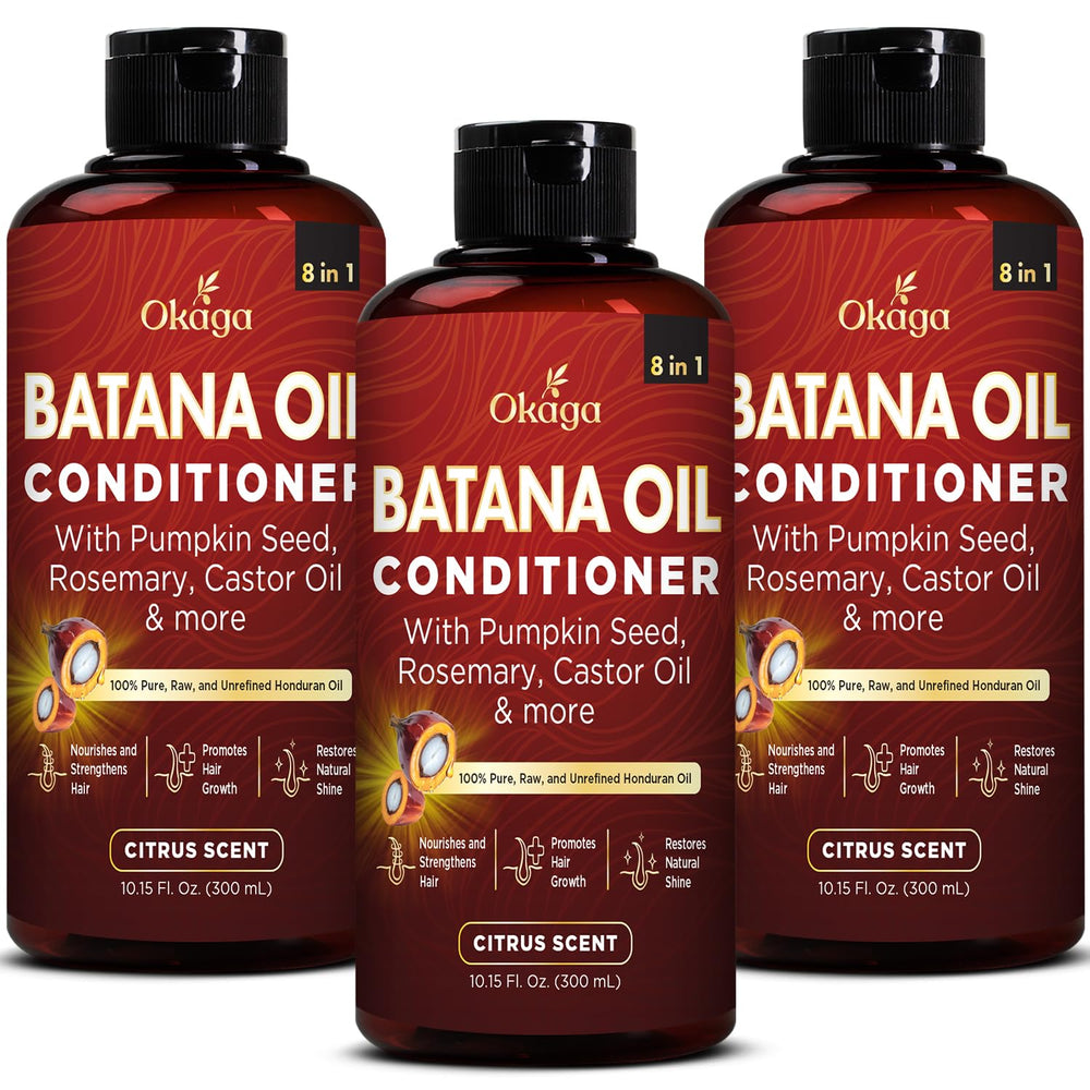 Okaga Batana Oil Conditioner bottle showing daily hydration for soft, manageable hair.