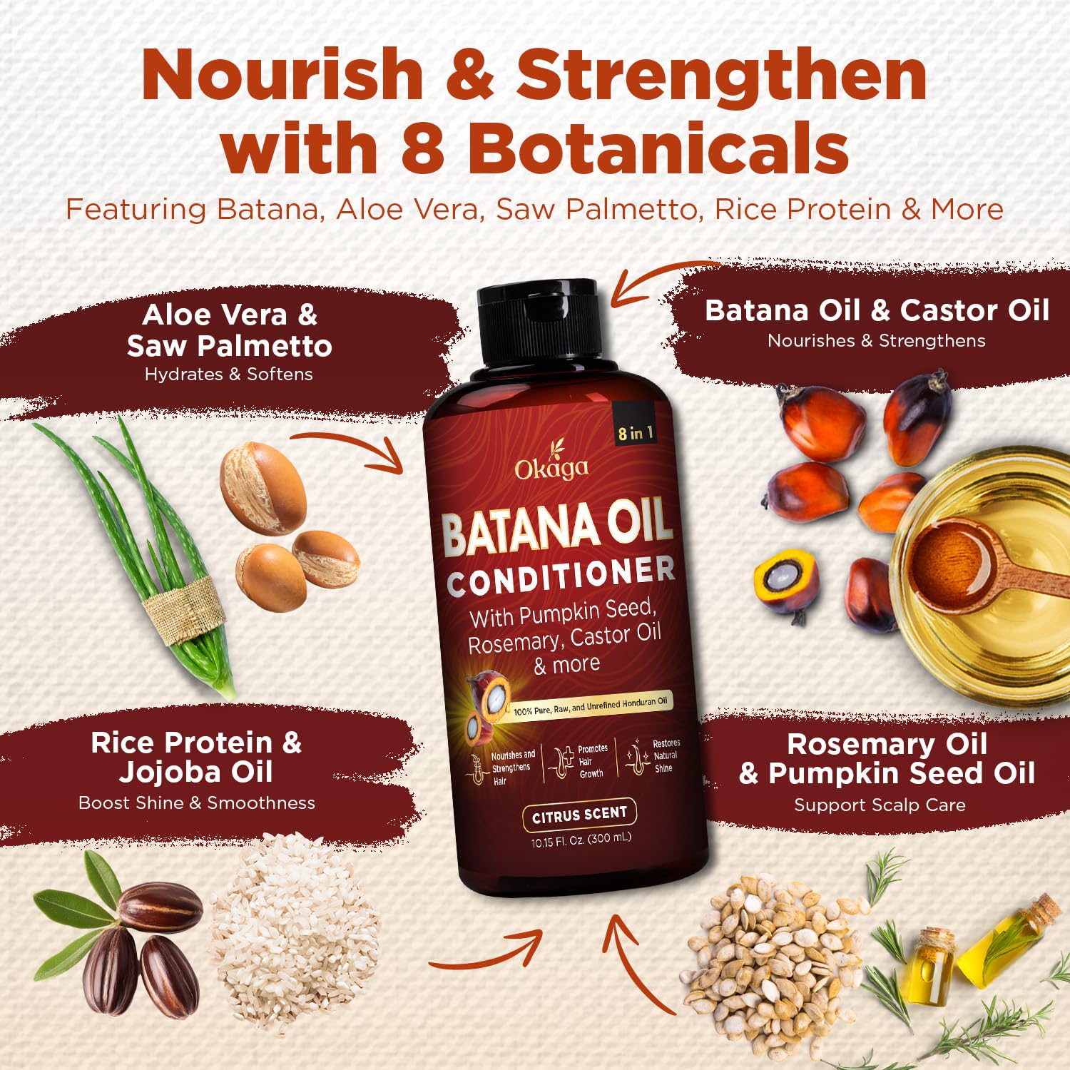 Okaga Batana Oil Conditioner ingredients image highlighting Aloe Vera and botanicals