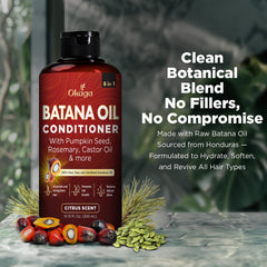 Okaga Batana Oil Conditioner label closeup showing vegan, sulfate-free formula