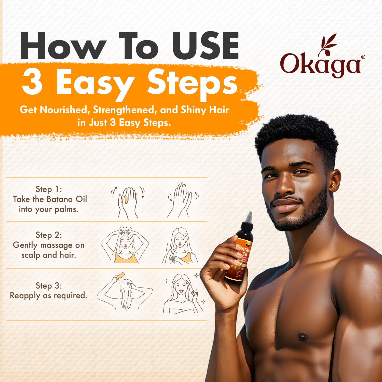 Okaga Batana Oil application image showing root-to-tip softness and manageability.