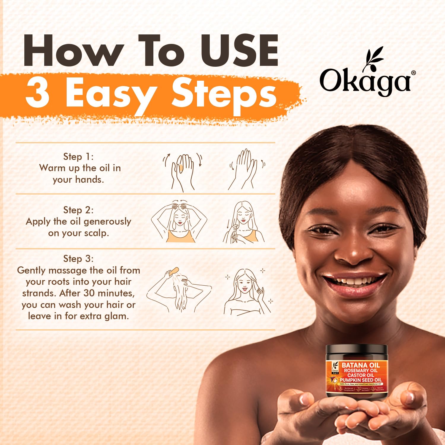 Okaga Batana Oil provides natural shine for dry or frizzy hair.