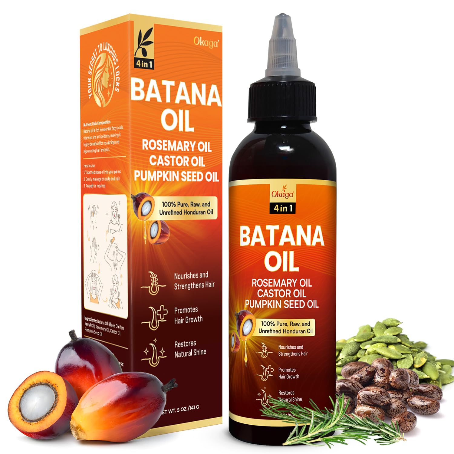 Okaga Batana Oil bottle pour for scalp nourishment and hair shine.