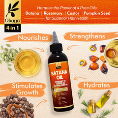 Okaga Batana Oil castor oil infusion emphasizing strength and reduced breakage.