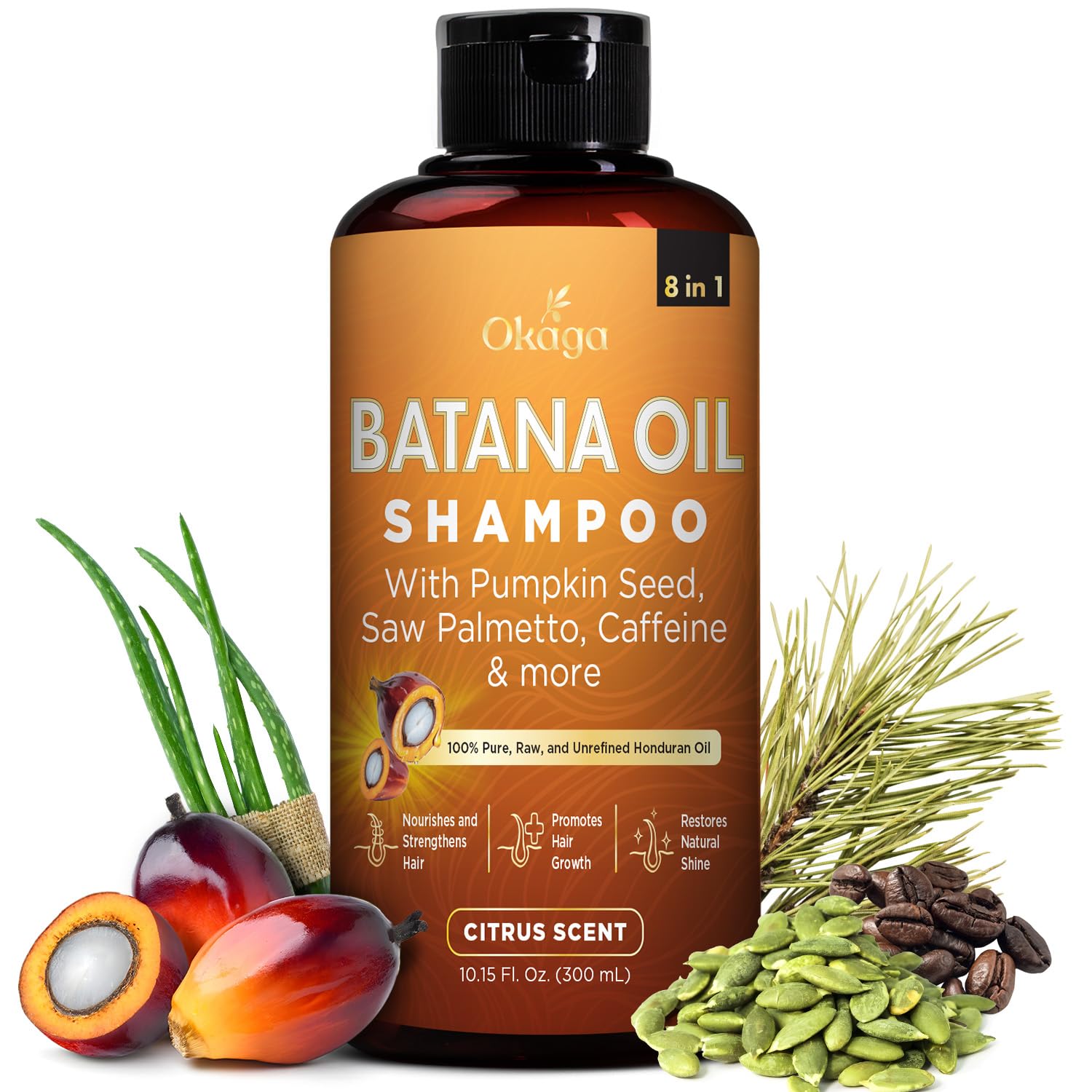 Okaga Batana Oil Shampoo bottle with citrus scent promotes gentle cleansing for daily use.