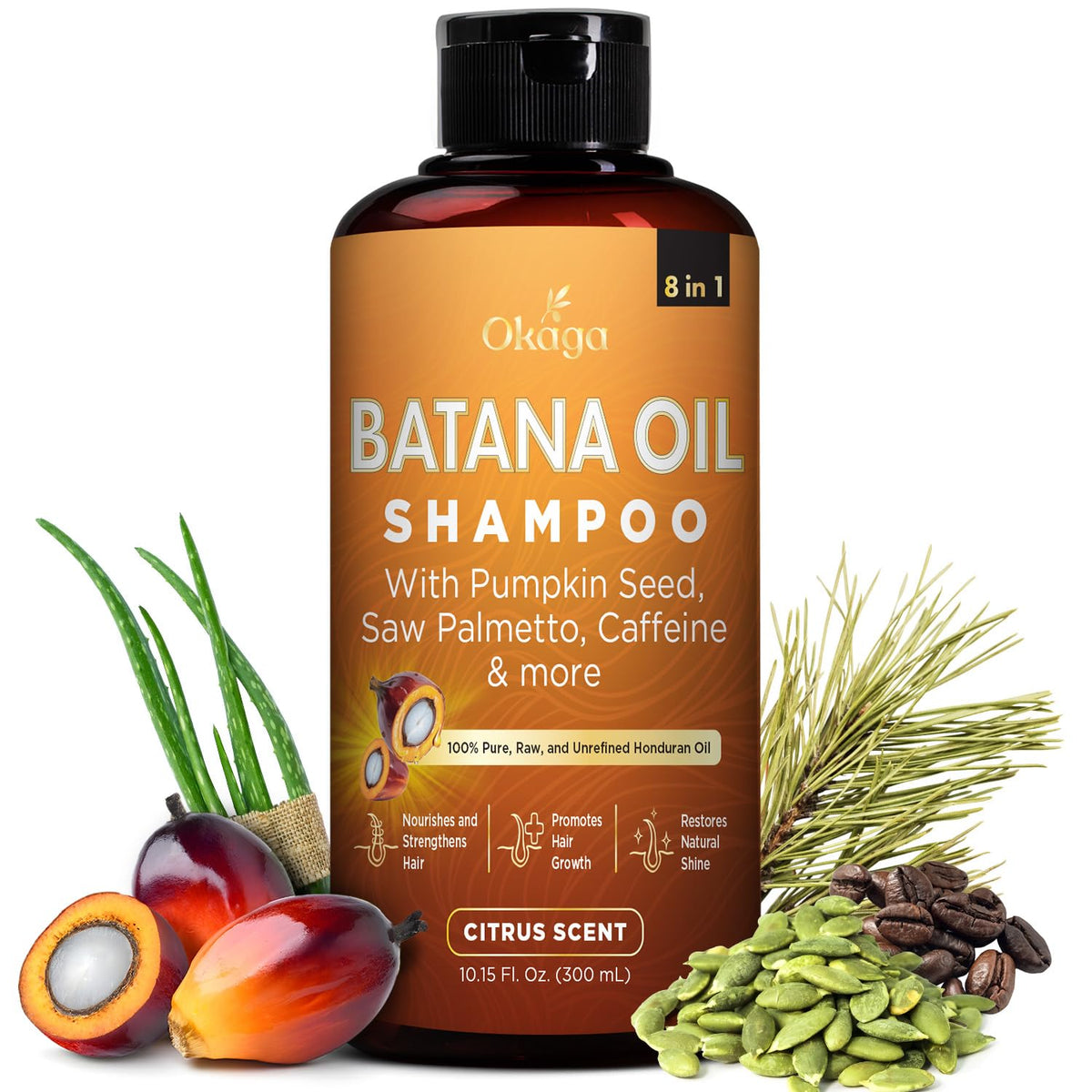 Okaga Batana Oil Shampoo bottle with citrus scent promotes gentle cleansing for daily use.