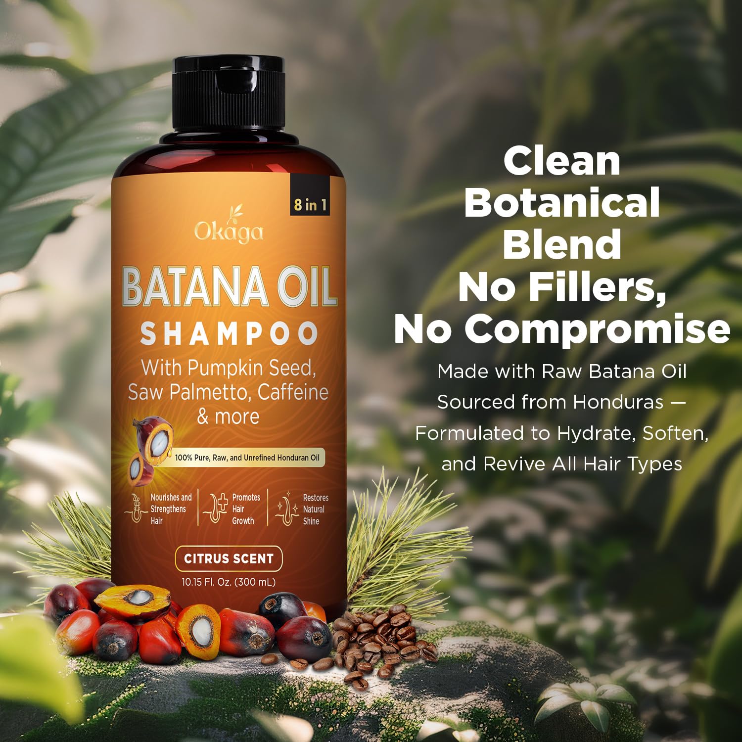 Okaga Batana Oil Shampoo label highlights vegan, natural ingredients