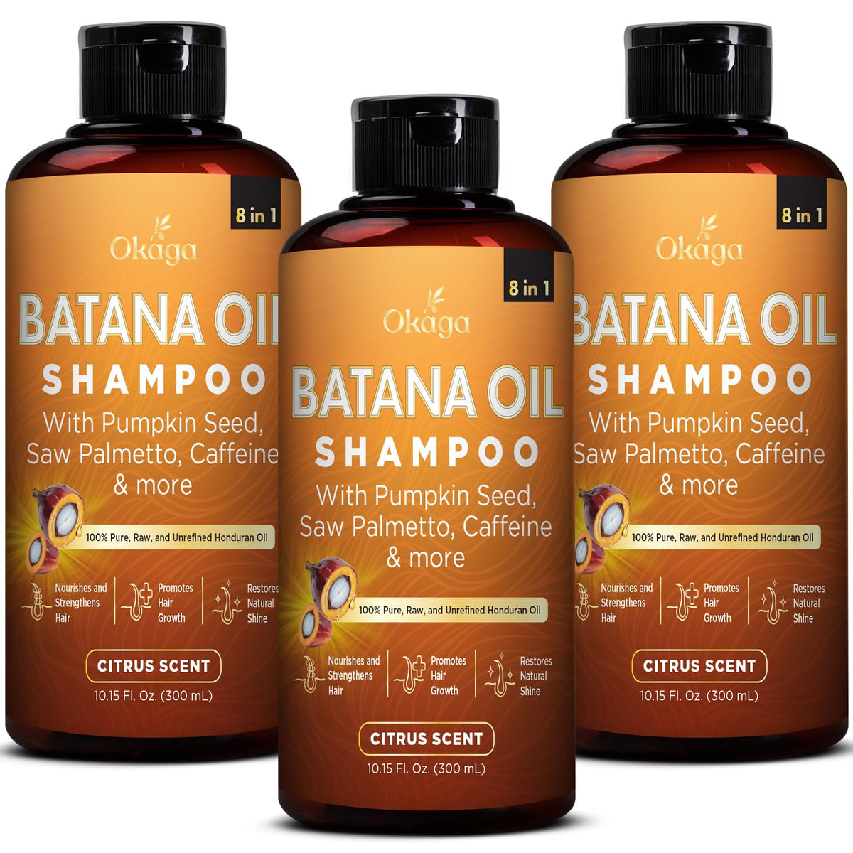 Okaga Batana Oil Shampoo bottle being poured for gentle cleansing