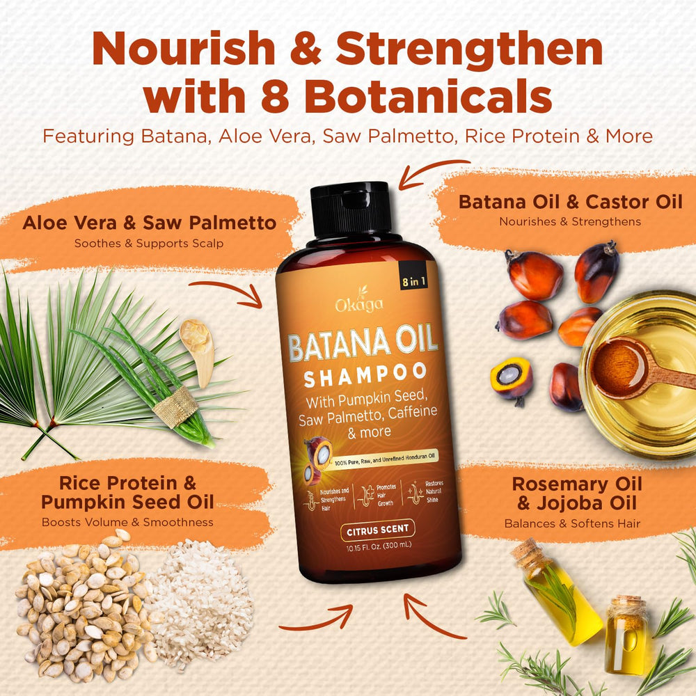 Okaga Batana Oil Shampoo ingredient label highlights Aloe Vera and Pumpkin Seed for softness.