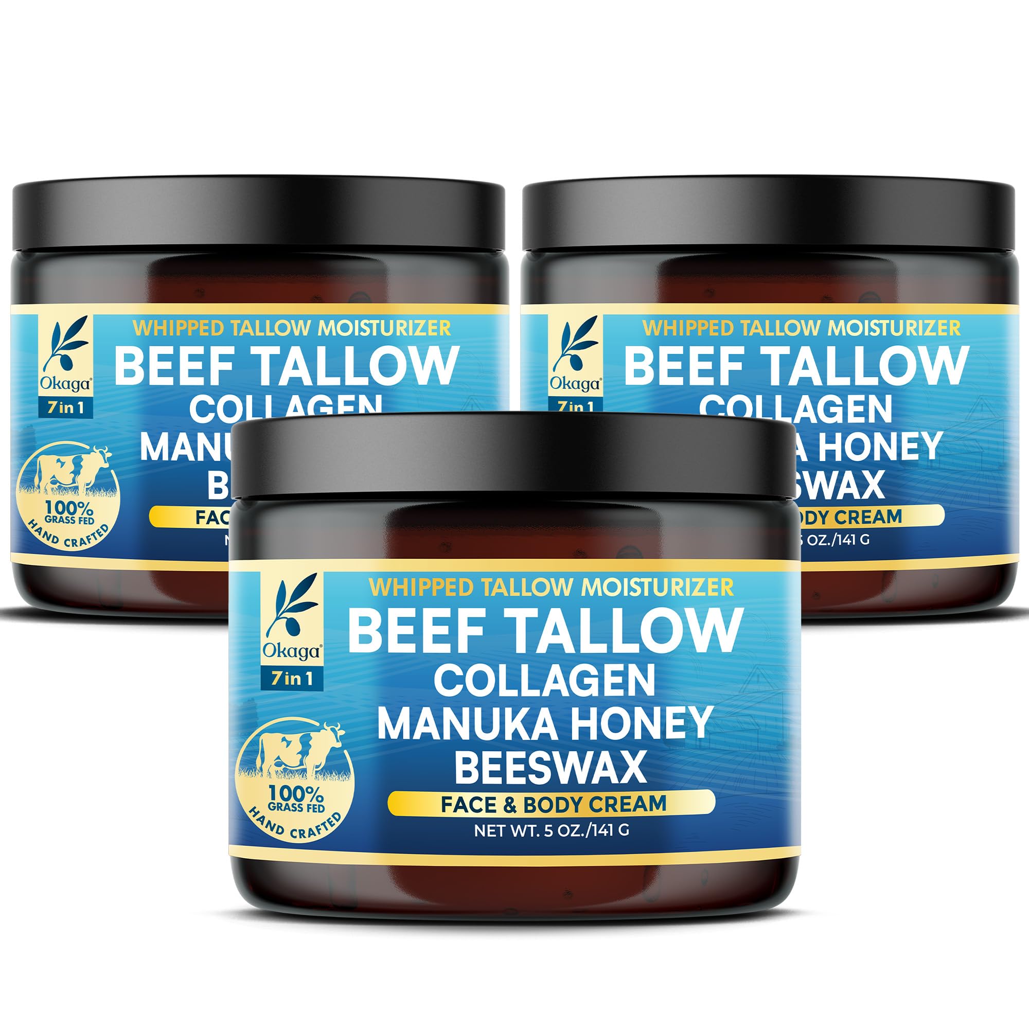 Okaga Beef Tallow Balm jar demonstrates a premium moisturizer for face and body