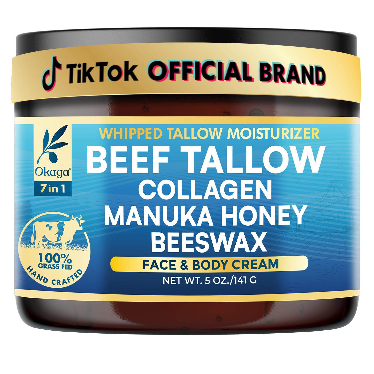 Okaga beef tallow balm jar closeup showing creamy texture and hydration potential.