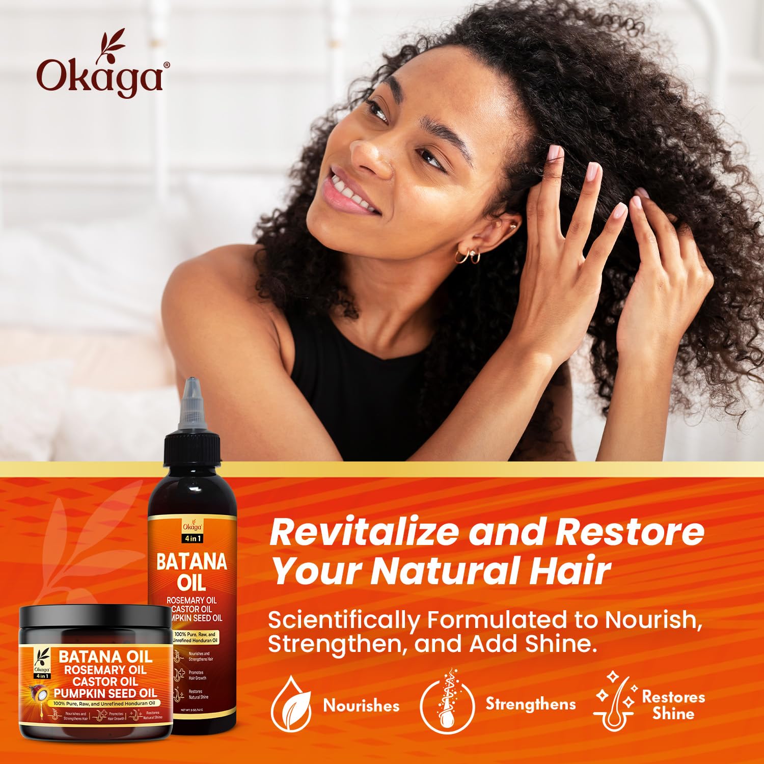 Okaga hair routine illustration demonstrates a simple plant-based ritual.