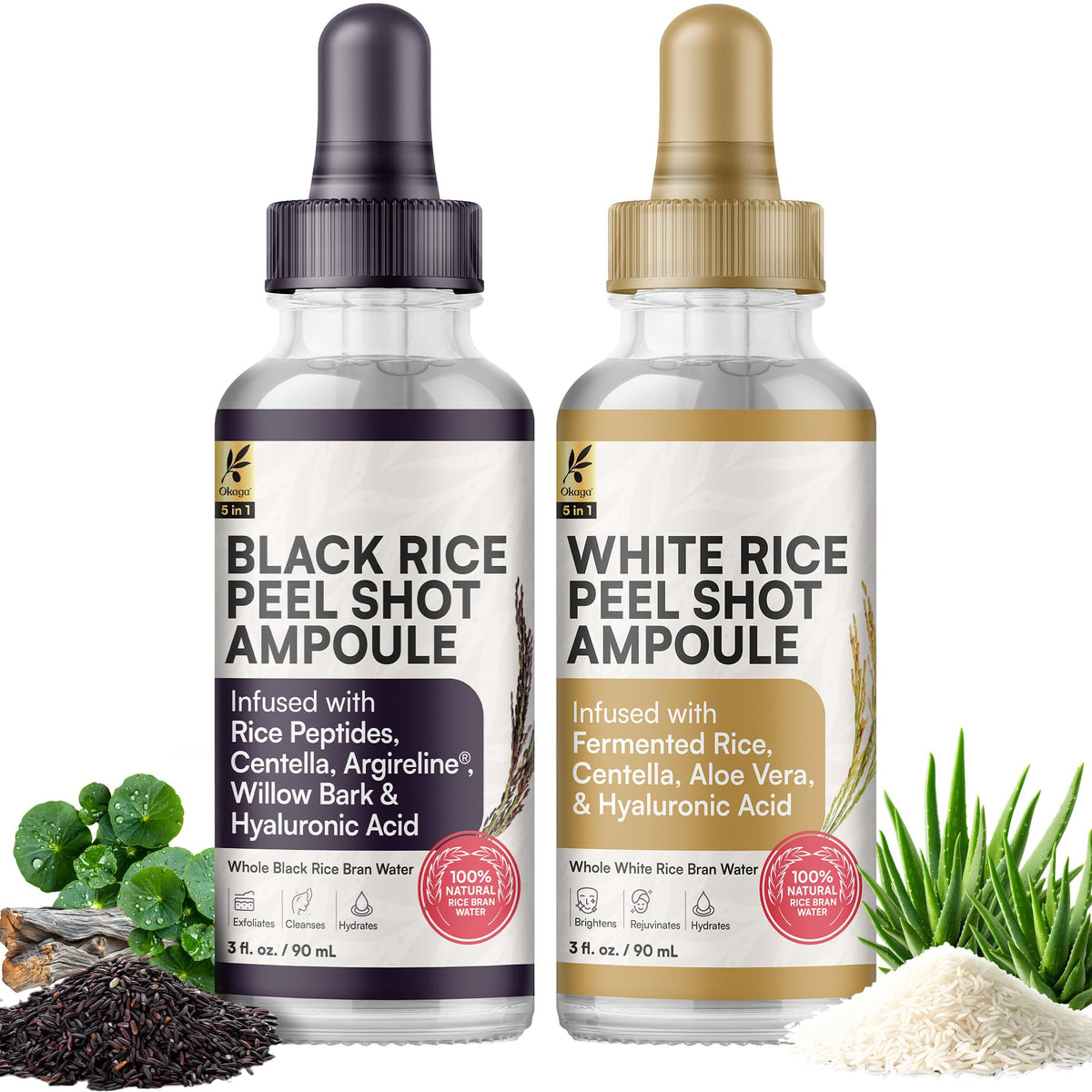Okaga White Rice Peel Shot ampoule for daily renewal and hydration.