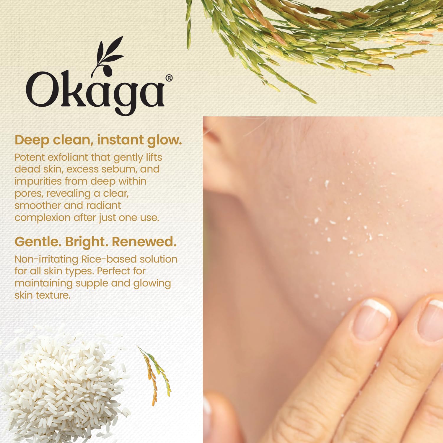 Okaga Rice Ferment enzyme illustration highlights natural renewal ingredients.