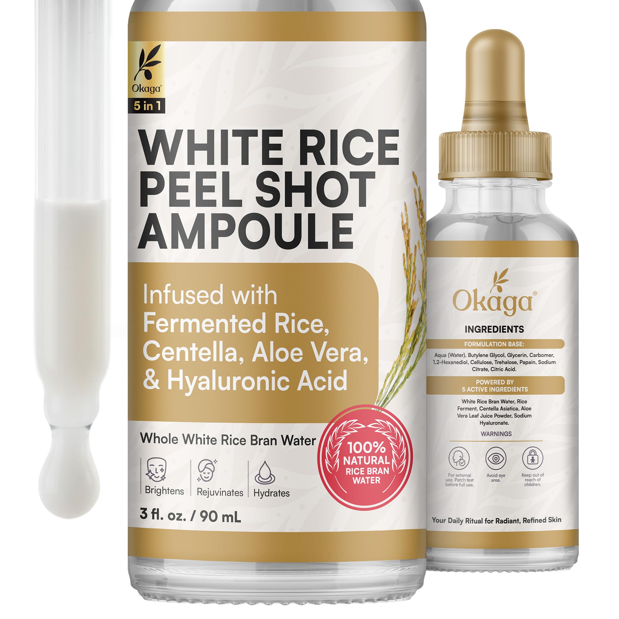 Okaga Rice Peel Shot Ampoule bottle for gentle daily exfoliation and radiant skin.