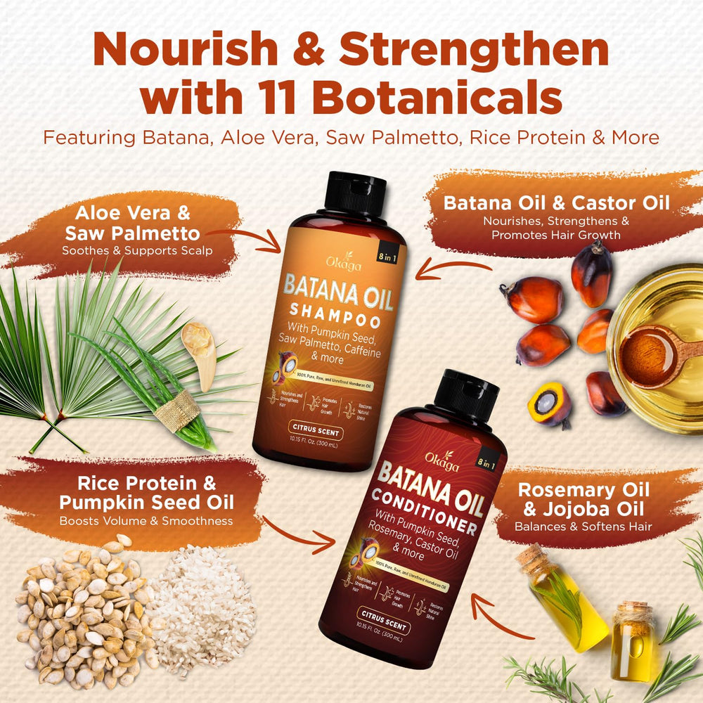 Okaga Batana oil ingredients close-up highlighting botanicals and scalp-supporting actives.