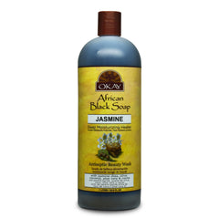 OKAY African Black Soap Liquid bottle with jasmine for a gentle daily cleanse.