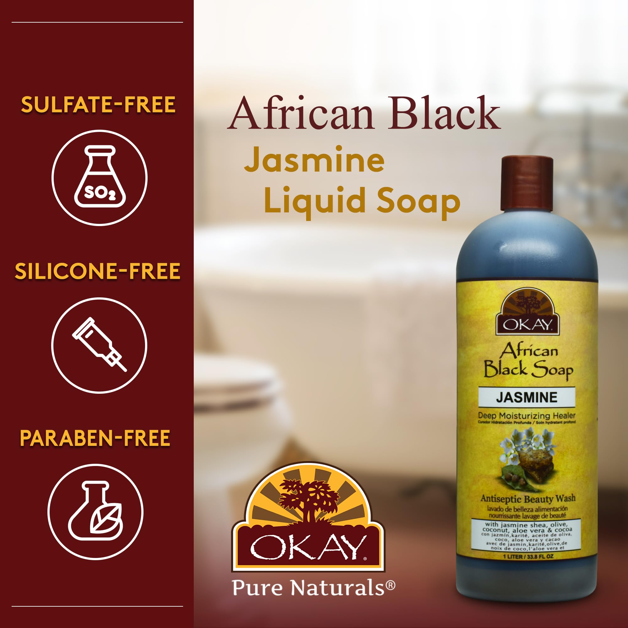 OKAY African Black Soap Liquid foaming lather on skin for a soothing cleanse.