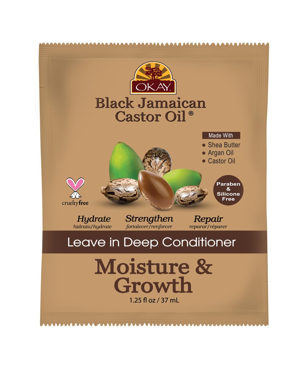OKAY Black Jamaican Castor Oil Leave-In Conditioner bottle showing rich moisture for curly hair.
