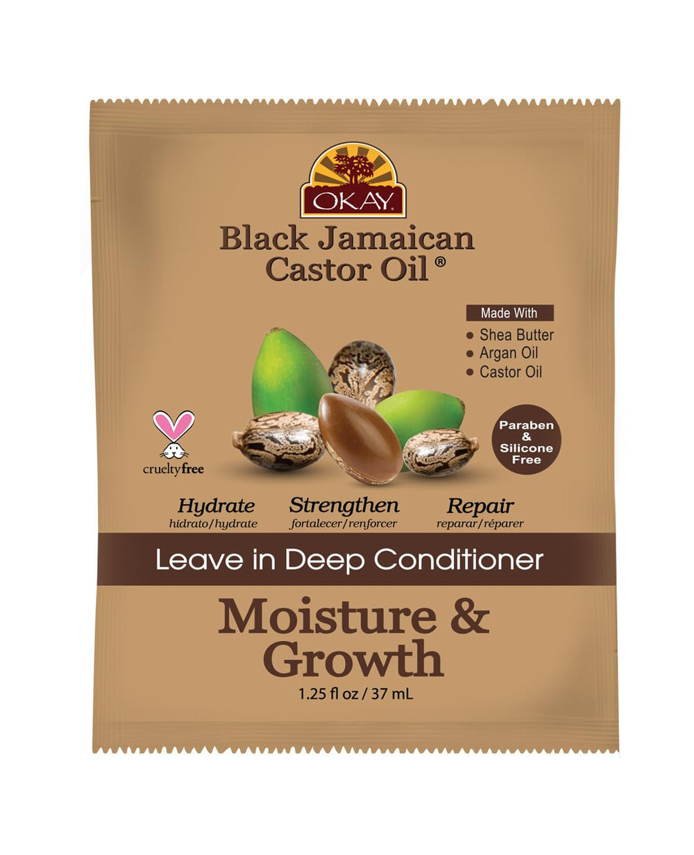 OKAY Black Jamaican Castor Oil Leave-In Conditioner bottle showing rich moisture for curly hair.