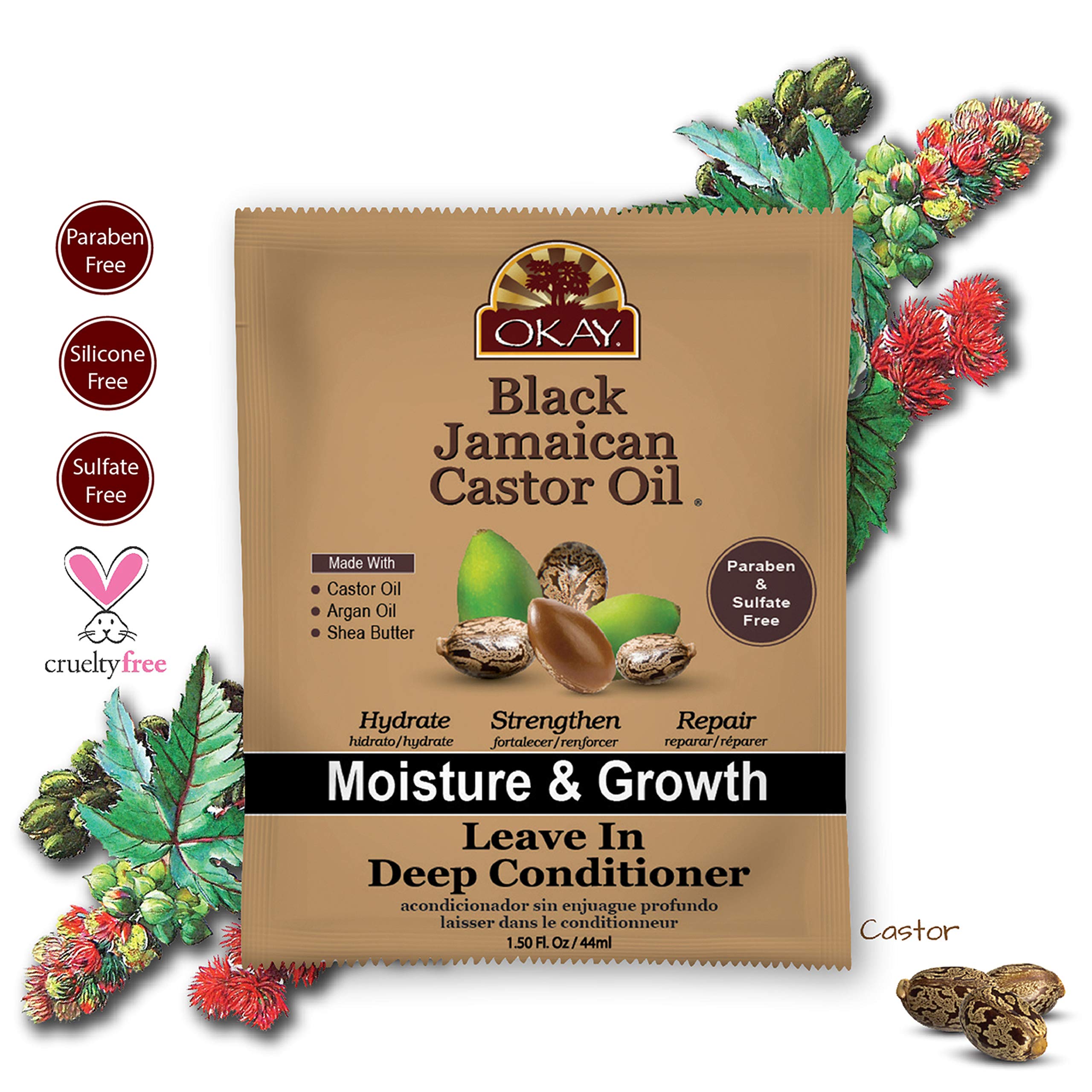 OKAY Leave-In Conditioner label and packaging signaling natural moisturizer benefits.