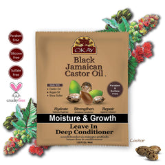 OKAY Leave-In Conditioner label and packaging signaling natural moisturizer benefits.