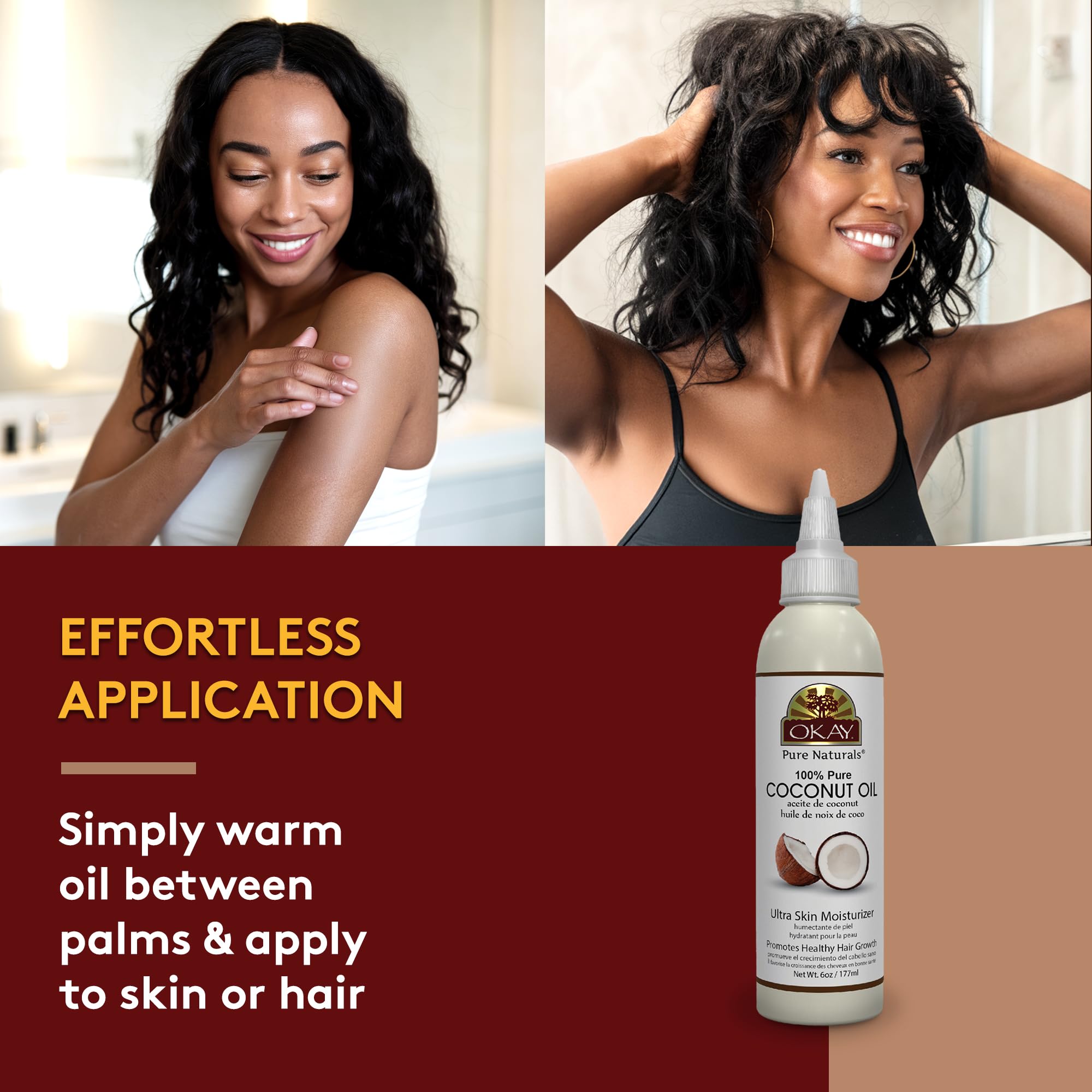 OKAY coconut oil body moisturizer provides lightweight, silky skin with lasting hydration.