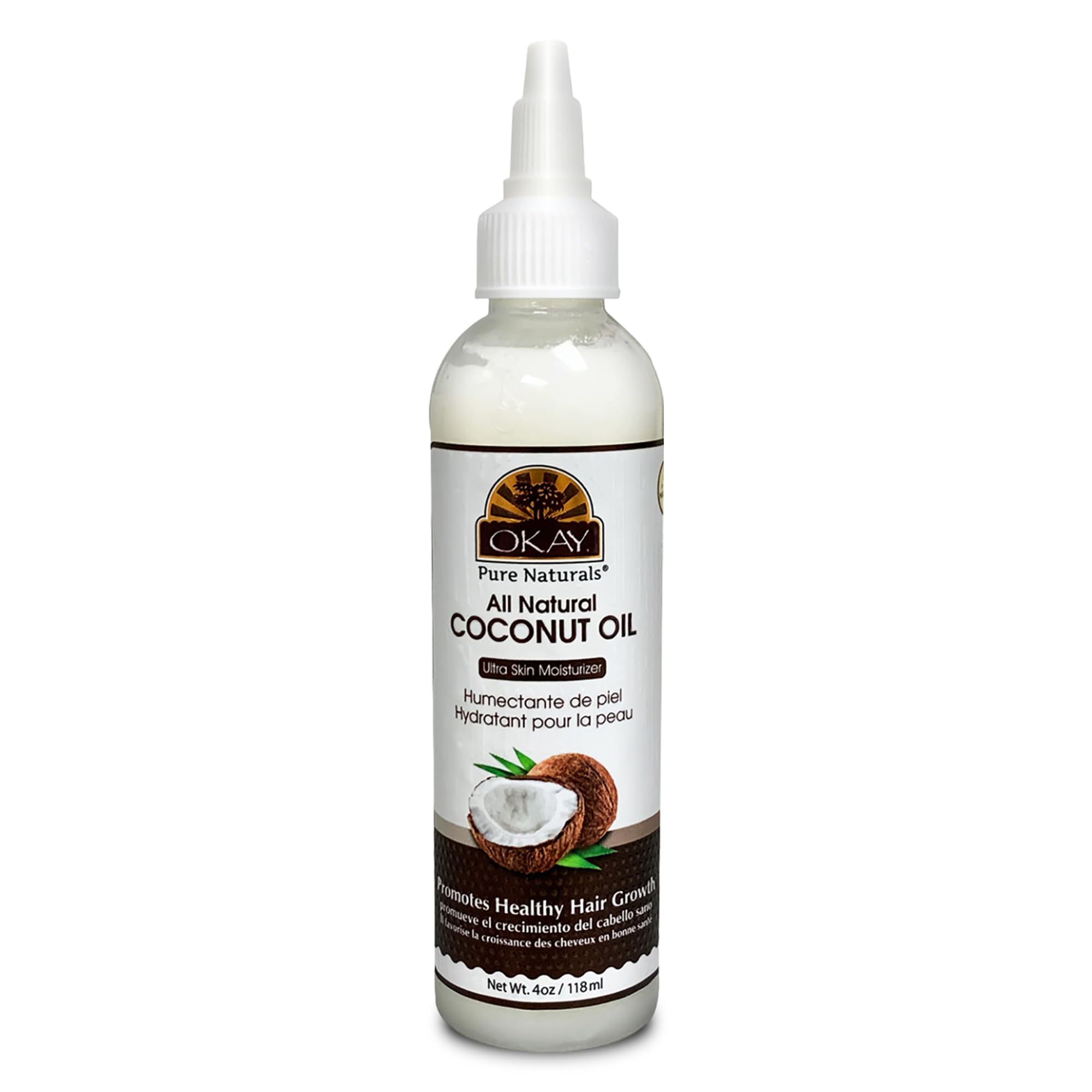 OKAY coconut oil bottle pour, a versatile hair and skin care staple