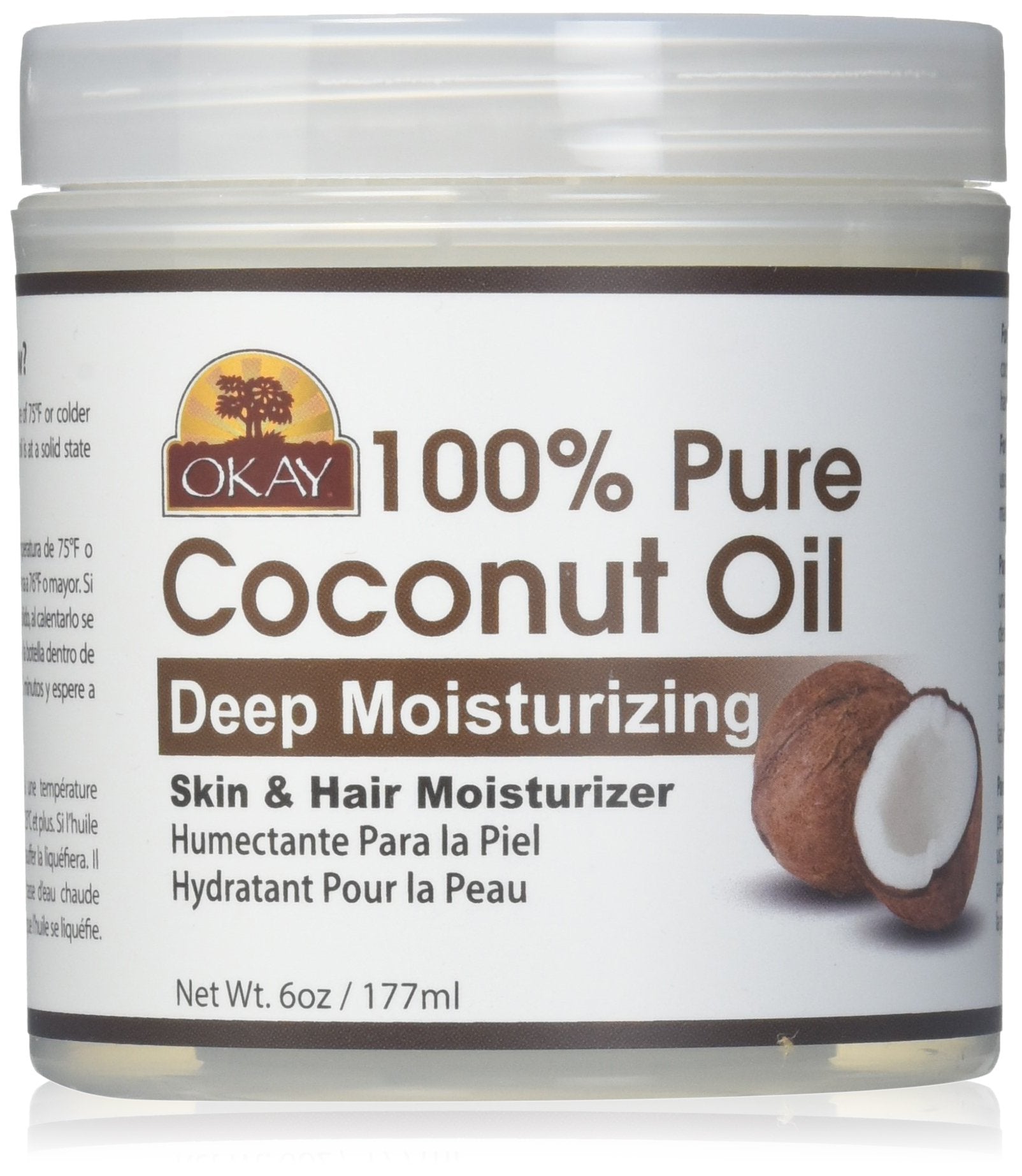 OKAY coconut oil bottle for versatile moisture across hair and skin.