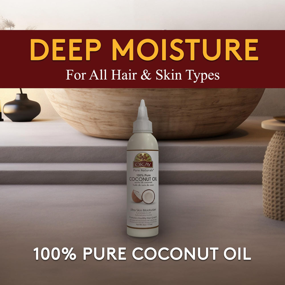 OKAY coconut oil hair care soft highlights the conditioning benefits for smooth, shiny strands.