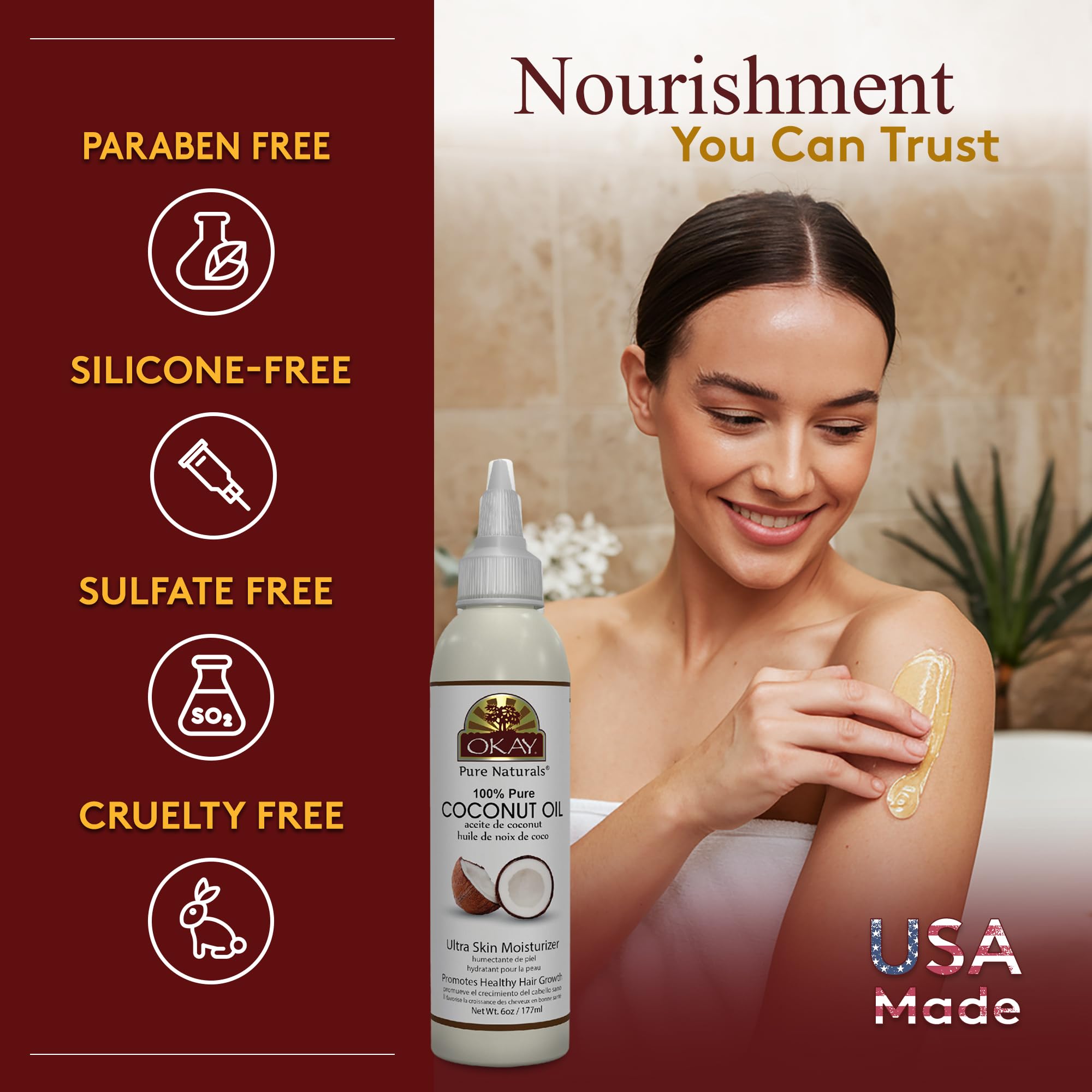 OKAY coconut oil massage oil invites relaxing routines with natural warmth and aroma.