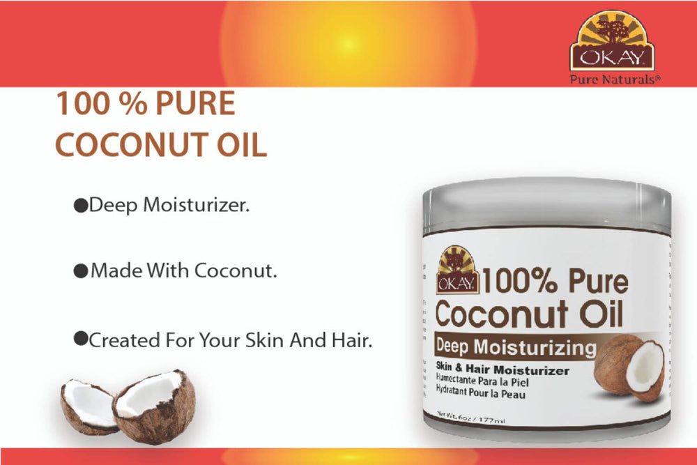 OKAY 100% natural coconut oil ingredients showcase simple purity for everyday use.