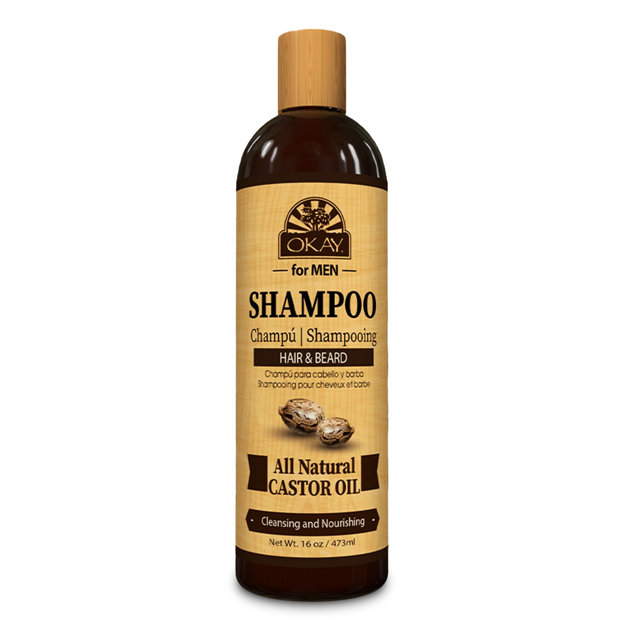 OKAY for MEN Castor Oil Hair & Beard Shampoo bottle shown for daily cleansing and hydration